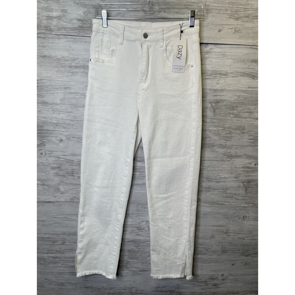 Dazy Pants Womens Large White Frayed Hem High Rise Straight Leg Denim‎ Jeans